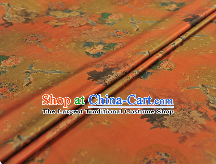 Chinese Orange Satin Traditional Cheongsam Fabric Classical Peony Birds Pattern Silk Material