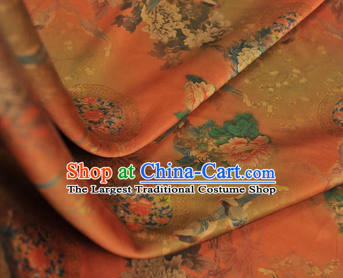 Chinese Orange Satin Traditional Cheongsam Fabric Classical Peony Birds Pattern Silk Material