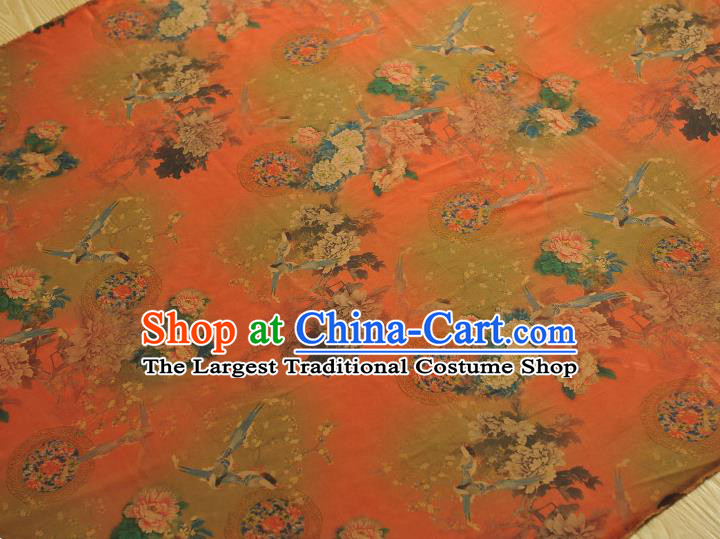 Chinese Orange Satin Traditional Cheongsam Fabric Classical Peony Birds Pattern Silk Material