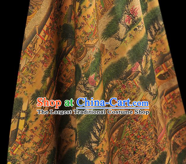 Chinese Traditional Fabric Gambiered Guangdong Gauze Cheongsam Satin Classical Folk Pattern Green Silk Material