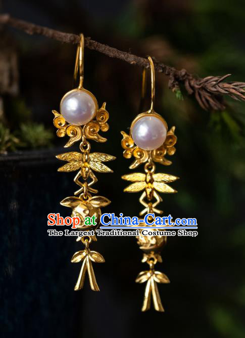 China Song Dynasty Empress Pearl Earrings Traditional Palace Lady Gilding Ear Jewelry