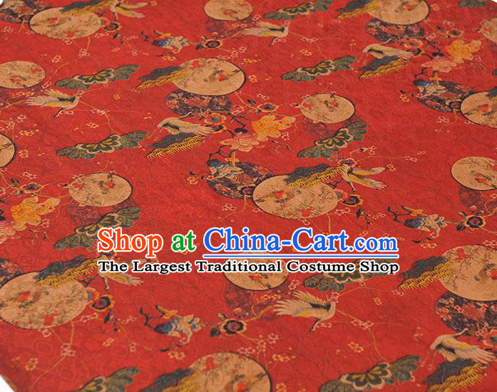 Chinese Traditional Red Gambiered Guangdong Gauze Classical Crane Plum Pattern Silk Fabric Cheongsam Cloth Material