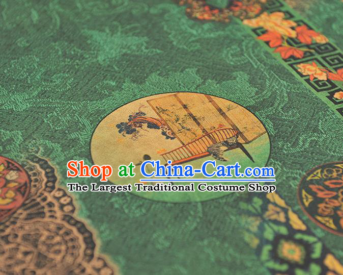 Chinese Traditional Classical Folding Screen Pattern Gambiered Guangdong Gauze Silk Fabric Cheongsam Green Cloth Material