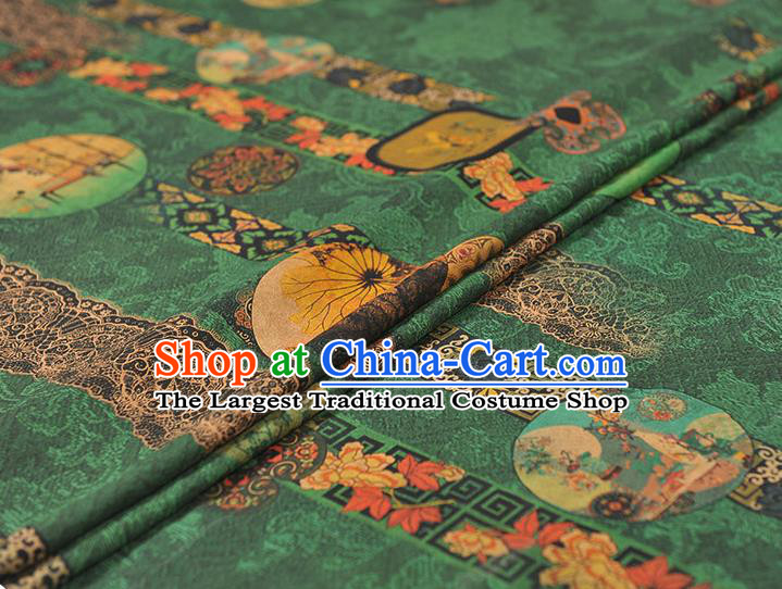 Chinese Traditional Classical Folding Screen Pattern Gambiered Guangdong Gauze Silk Fabric Cheongsam Green Cloth Material