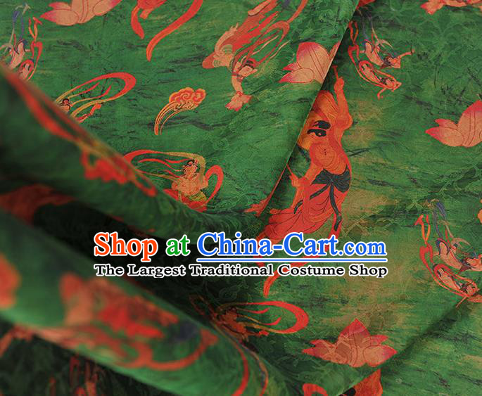 Chinese Traditional Green Gambiered Guangdong Gauze Cheongsam Cloth Material Classical Flying Apsaras Pattern Silk Fabric