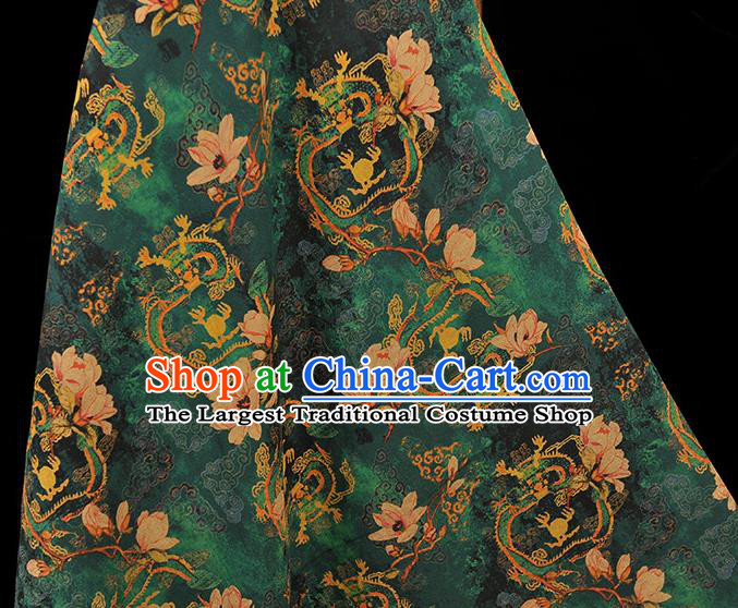 Chinese Classical Mangnolia Pattern Gambiered Guangdong Gauze Cloth Material Traditional Cheongsam Deep Green Silk Fabric