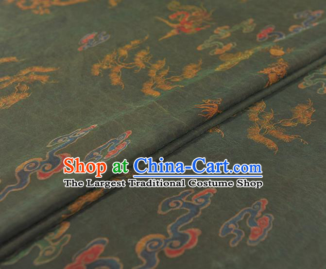 Top Dark Green Gambiered Guangdong Gauze Fabric Chinese Cheongsam Traditional Cloud Dragon Pattern Silk Drapery