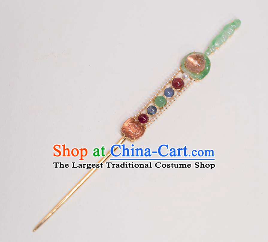 China Ancient Imperial Concubine Gems Hairpin Qing Dynasty Court Hair Accessories Traditional Jade Bat Hair Stick