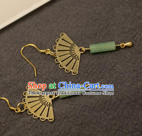 Handmade Chinese National Jade Tassel Earrings Traditional Cheongsam Classical Golden Fan Ear Accessories