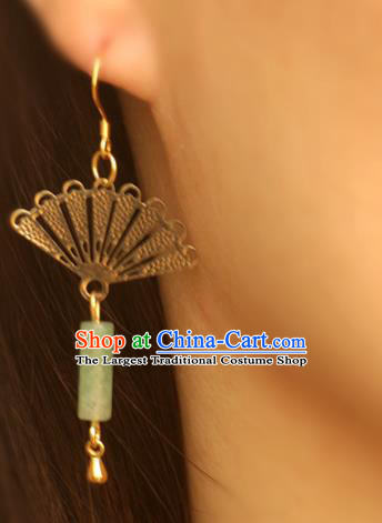 Handmade Chinese National Jade Tassel Earrings Traditional Cheongsam Classical Golden Fan Ear Accessories