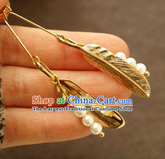Handmade Traditional Classical Cheongsam Ear Accessories Chinese National Golden Leaf Earrings