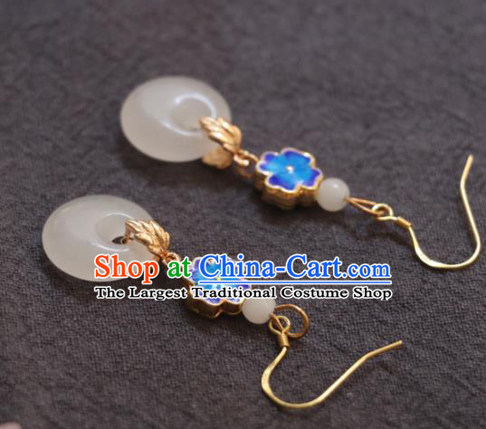 Handmade Traditional Enamel Flower Ear Accessories Chinese National White Jade Ring Earrings