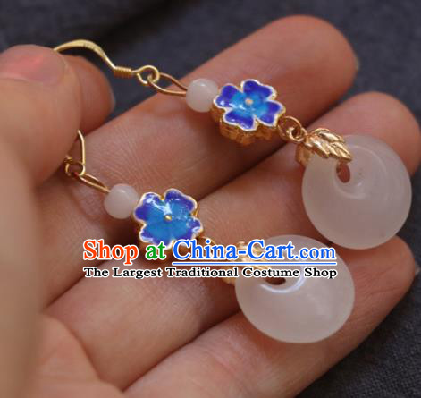 Handmade Traditional Enamel Flower Ear Accessories Chinese National White Jade Ring Earrings
