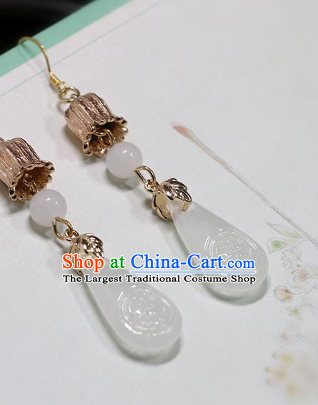 Handmade Traditional White Glass Ear Accessories Chinese Hanfu Jewelry National Golden Convallaria Earrings