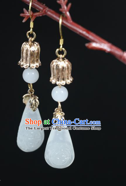 Handmade Traditional White Glass Ear Accessories Chinese Hanfu Jewelry National Golden Convallaria Earrings