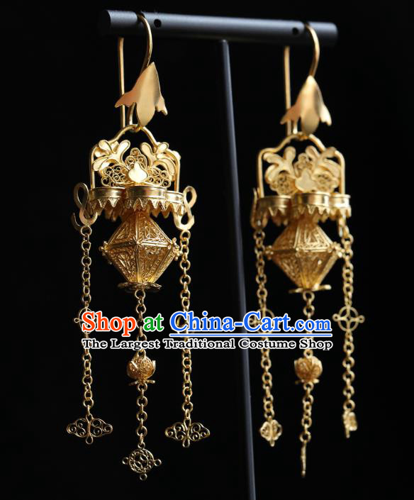 Handmade Chinese Traditional Ming Dynasty Tassel Ear Accessories Jewelry Ancient Court Empress Golden Earrings