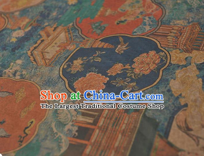 Top Grade Silk Drapery Cheongsam Fabric Chinese Traditional Palace Fan Pattern Blue Gambiered Guangdong Gauze