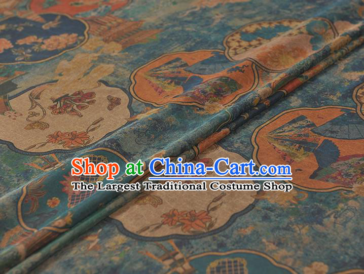 Top Grade Silk Drapery Cheongsam Fabric Chinese Traditional Palace Fan Pattern Blue Gambiered Guangdong Gauze