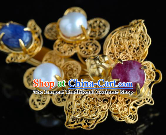 China Traditional Handmade Golden Butterfly Plum Hair Accessories Ancient Empress Gems Hair Clip Ming Dynasty Palace Pearls Hairpin for Women