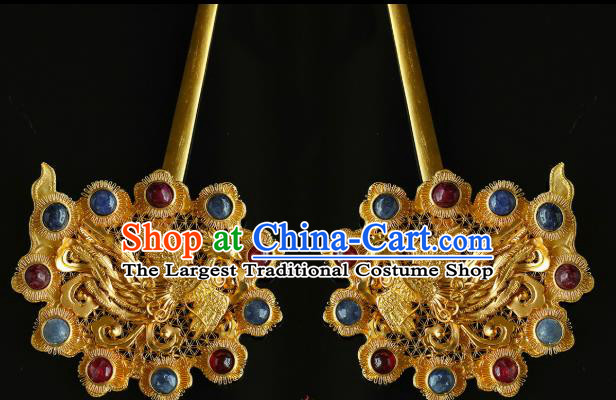 China Traditional Hanfu Hair Accessories Handmade Ancient Empress Hair Sticks Ming Dynasty Palace Golden Gems Hairpin for Women