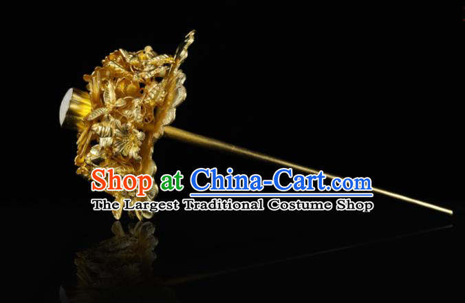China Traditional Jade Lotus Seedpod Hair Accessories Handmade Ancient Empress Hairpin Ming Dynasty Golden Peony Hair Stick for Women