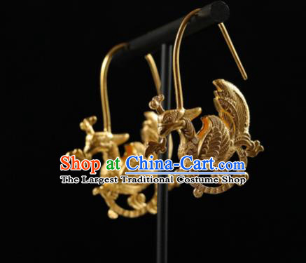 Handmade Chinese Traditional Ming Dynasty Ear Accessories Jewelry Ancient Court Empress Golden Phoenix Earrings