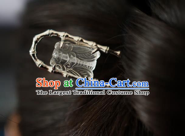 China Traditional Ancient Court Woman Hair Accessories Hanfu Argent Bamboo Hair Stick Ming Dynasty White Crystal Cicada Hairpin