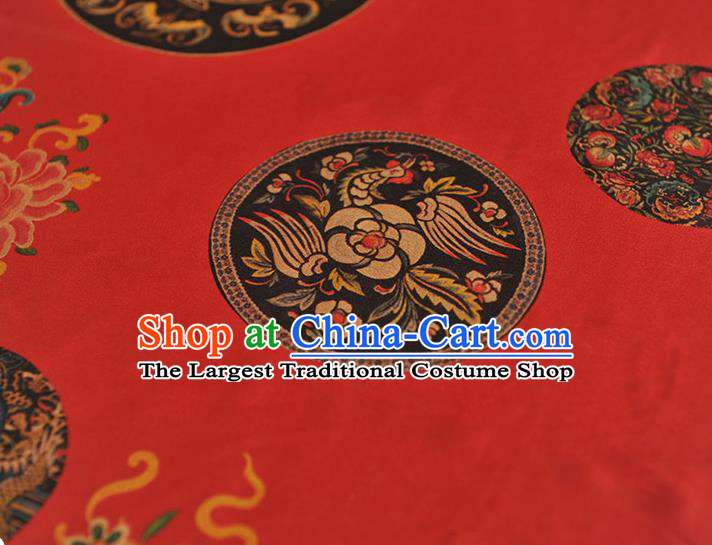 Top Grade Gambiered Guangdong Gauze Chinese Traditional Dragon Peach Pattern Red Silk Drapery Cheongsam Satin Fabric
