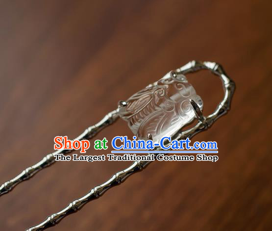 China Traditional Ancient Court Woman Hair Accessories Hanfu Argent Bamboo Hair Stick Ming Dynasty White Crystal Cicada Hairpin