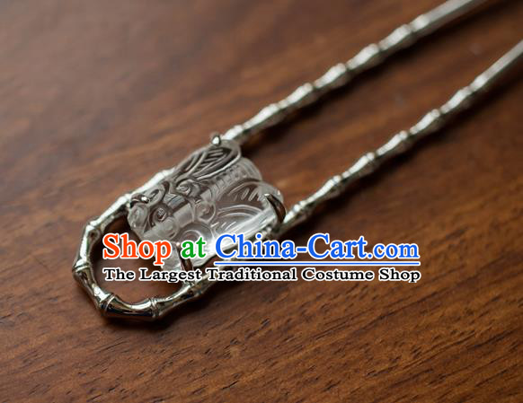 China Traditional Ancient Court Woman Hair Accessories Hanfu Argent Bamboo Hair Stick Ming Dynasty White Crystal Cicada Hairpin