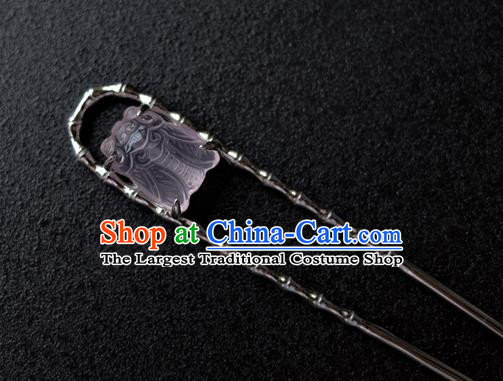 China Hanfu Argent Bamboo Hair Stick Ming Dynasty Rose Quartz Cicada Hairpin Traditional Ancient Court Woman Hair Accessories