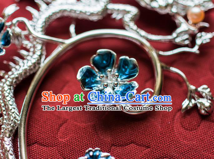 China Traditional Qing Dynasty Queen Gilding Dragon Earrings Ancient Empress Blue Plum Ear Jewelry Accessories