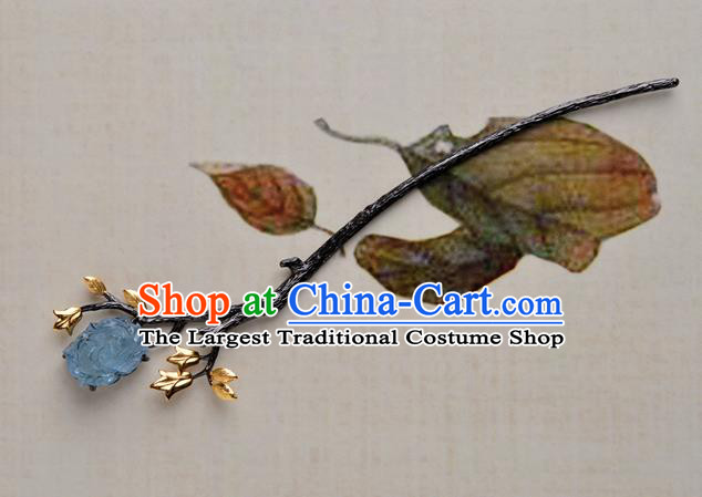 China Hanfu Peony Hair Stick Traditional Qing Dynasty Princess Aquamarine Hairpin Ancient Court Lady Hair Accessories Pearls Tassel Step Shake
