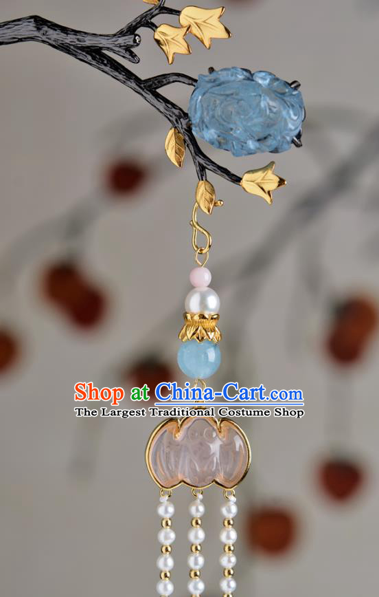 China Hanfu Peony Hair Stick Traditional Qing Dynasty Princess Aquamarine Hairpin Ancient Court Lady Hair Accessories Pearls Tassel Step Shake