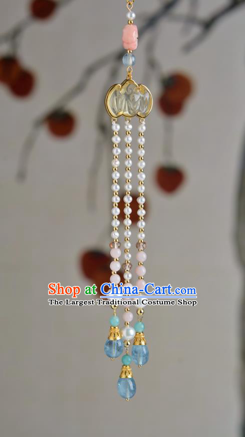 China Hanfu Peony Hair Stick Traditional Qing Dynasty Princess Aquamarine Hairpin Ancient Court Lady Hair Accessories Pearls Tassel Step Shake