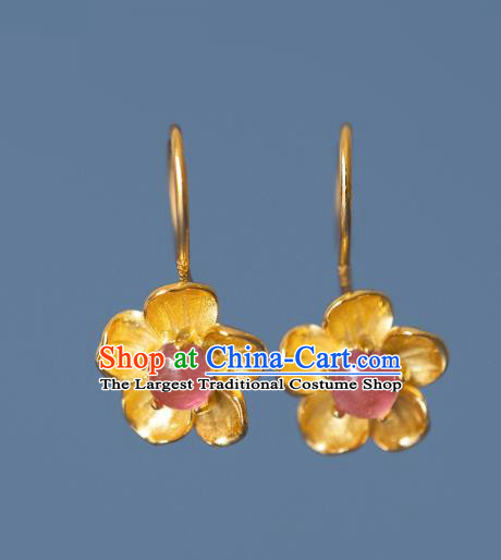 China Traditional Ming Dynasty Gilding Peach Blossom Earrings Ancient Court Lady Tourmaline Ear Jewelry