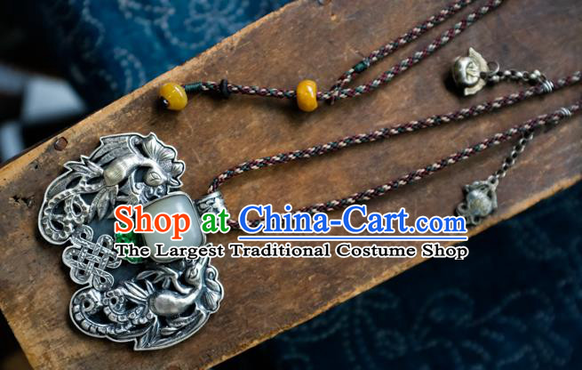 Handmade China Traditional Jade Necklace Accessories National Silver Carving Jewelry Pendant