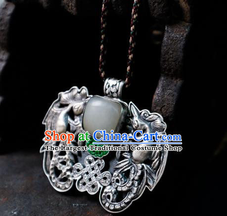 Handmade China Traditional Jade Necklace Accessories National Silver Carving Jewelry Pendant