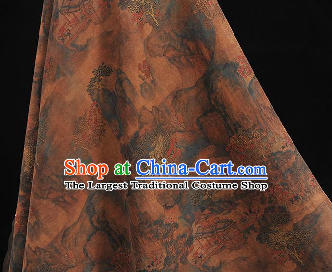 Top Silk Fabric Chinese Cheongsam Gambiered Guangdong Gauze Traditional Pavilion Pattern Brown Silk Drapery