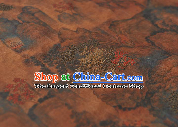 Top Silk Fabric Chinese Cheongsam Gambiered Guangdong Gauze Traditional Pavilion Pattern Brown Silk Drapery