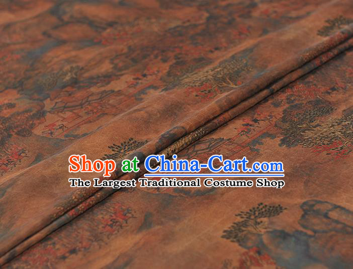 Top Silk Fabric Chinese Cheongsam Gambiered Guangdong Gauze Traditional Pavilion Pattern Brown Silk Drapery