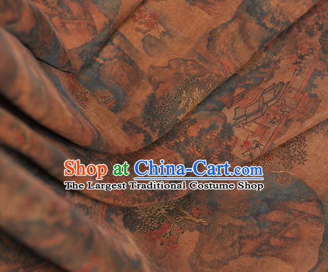 Top Silk Fabric Chinese Cheongsam Gambiered Guangdong Gauze Traditional Pavilion Pattern Brown Silk Drapery