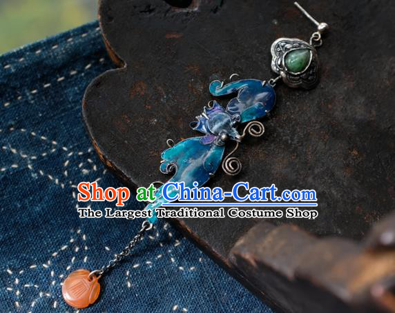 China National Blueing Bat Earrings Traditional Jade Jewelry Handmade Silver Ear Accessories