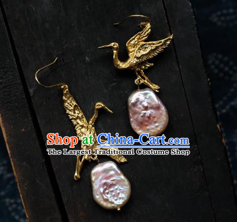 China Handmade Golden Crane Ear Accessories National Earrings Traditional Pink Stone Jewelry