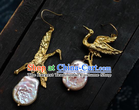 China Handmade Golden Crane Ear Accessories National Earrings Traditional Pink Stone Jewelry