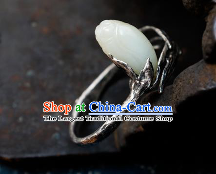 Chinese Traditional White Jade Mangnolia Jewelry Handmade Silver Bracelet Accessories