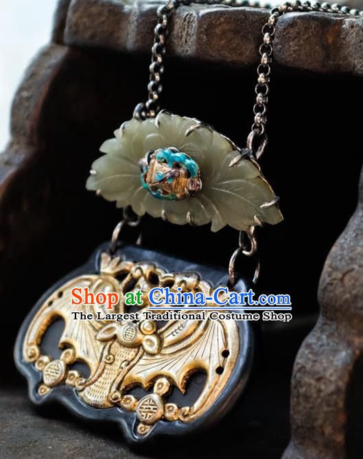 Handmade China Golden Bat Accessories Traditional Silver Carving Necklace Pendant National Women Jade Lotus Jewelry