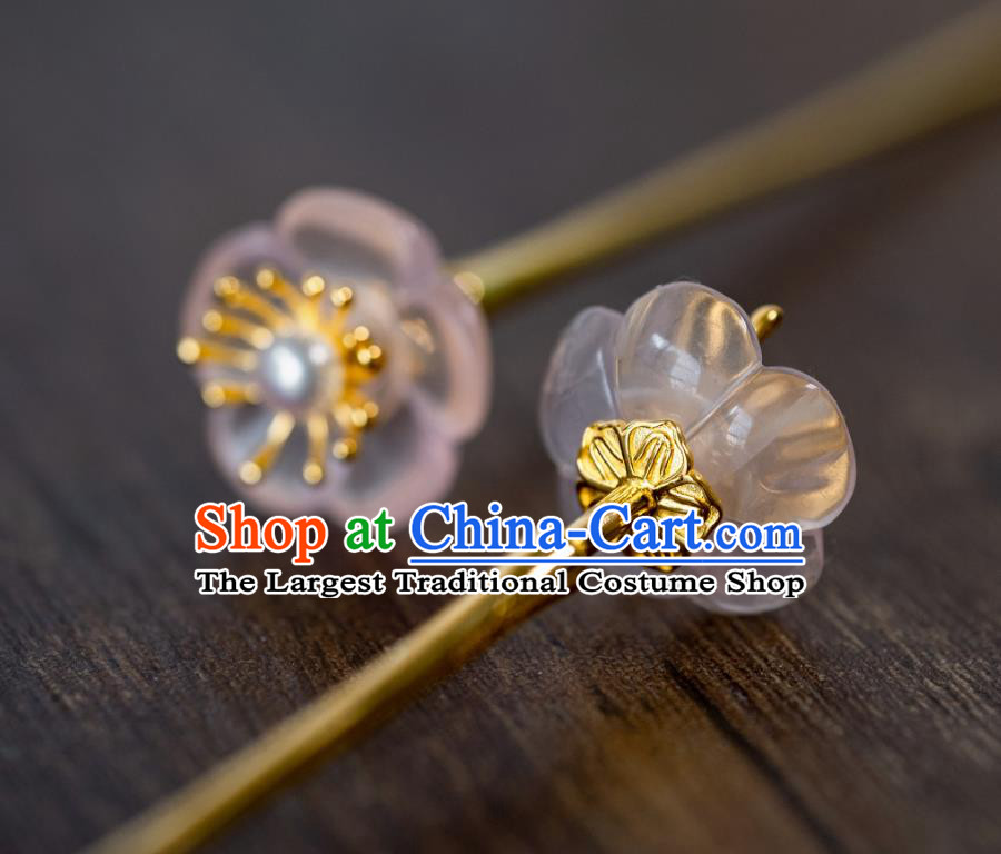 China Traditional Court Rose Quartz Hair Accessories Ming Dynasty Hanfu Plum Blossom Hair Clip Ancient Princess Hairpin