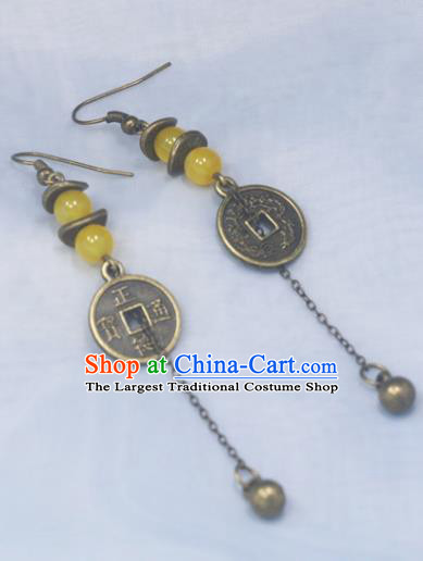 Handmade Chinese National Bells Tassel Ear Accessories Traditional Copper Cash Earrings