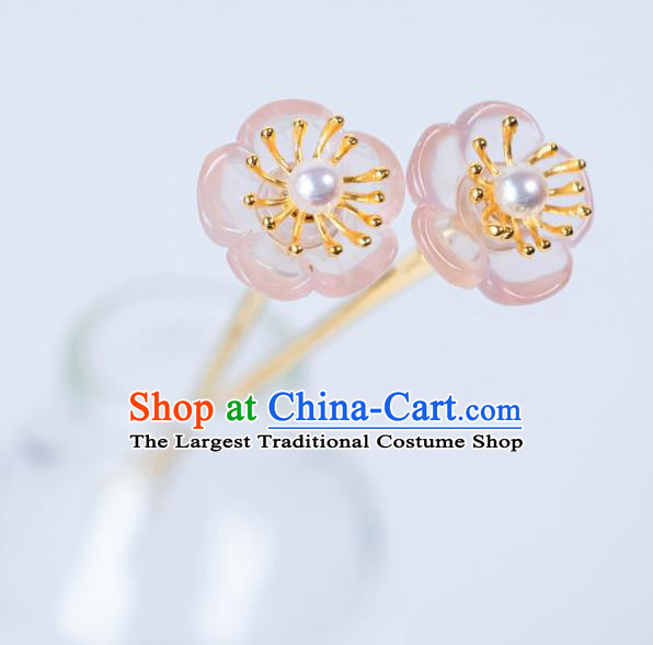 China Traditional Court Rose Quartz Hair Accessories Ming Dynasty Hanfu Plum Blossom Hair Clip Ancient Princess Hairpin